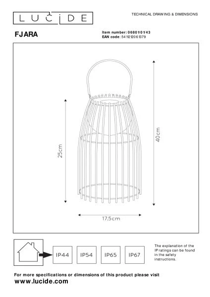 Lucide FJARA - Lámpara de mesa Recargable Dentro/Fuera - Batería/acumulador - Ø 17,5 cm - LED Dim to warm - 1x0,3W 2800K/3200K - IP44 - Marrón - técnico